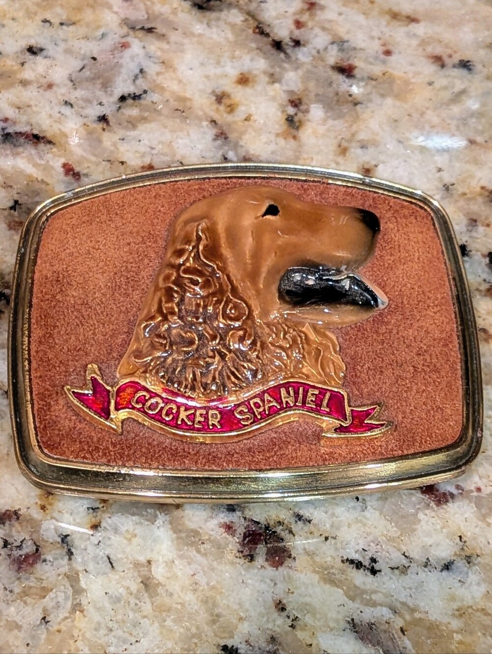 EUC 1979 Raintree Enamel Cocker Spaniel Belt Buckle with Faux Suede Inlay
